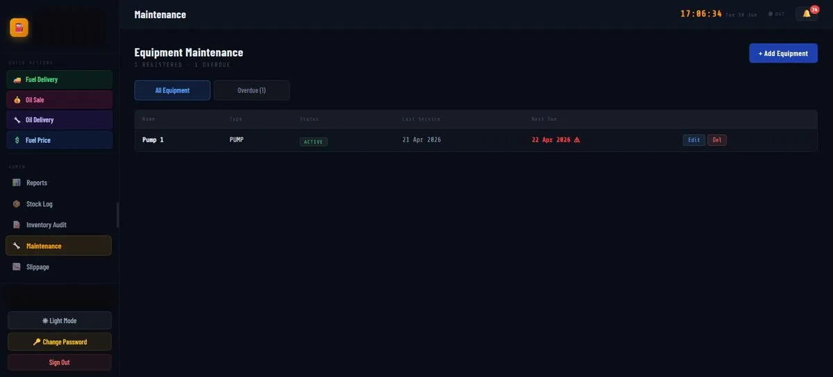 FuelOps equipment maintenance tracking with service due dates
