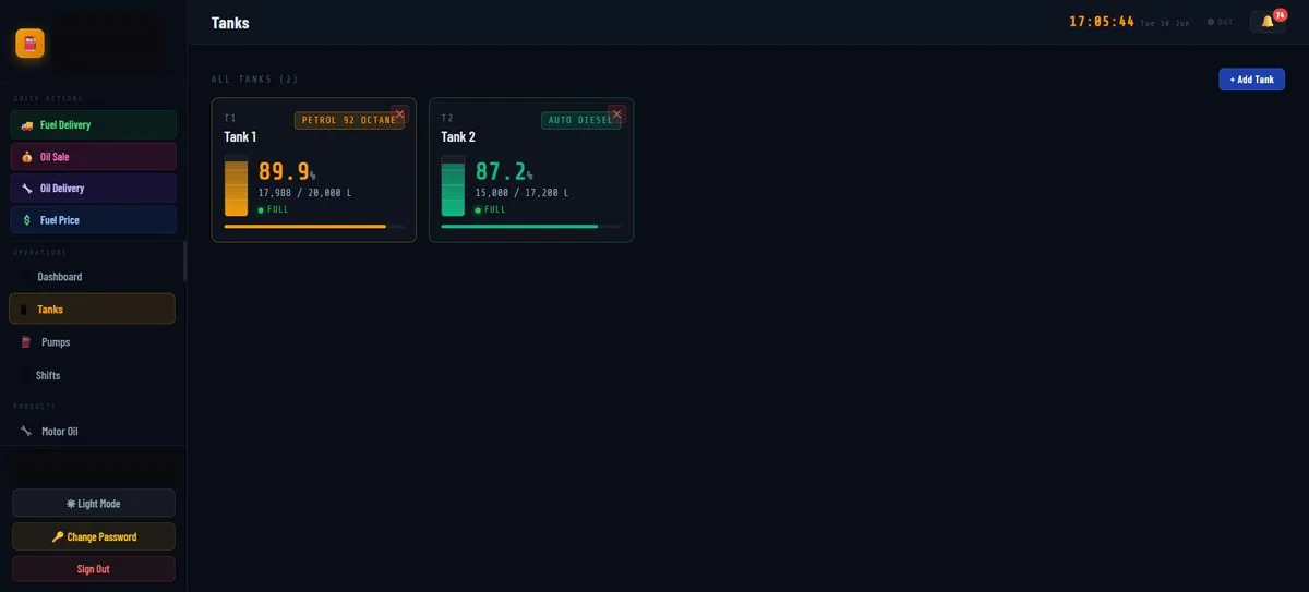 FuelOps tank monitoring view showing live fuel levels from industrial sensors