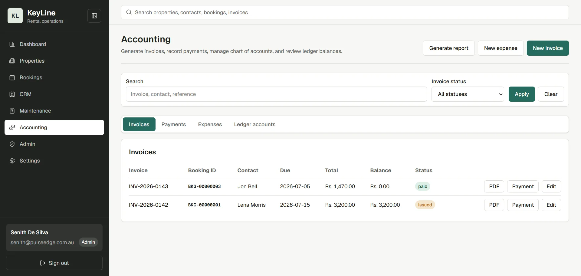 KeyLine accounting screen showing invoices, payments, expenses, ledger accounts, and report generation