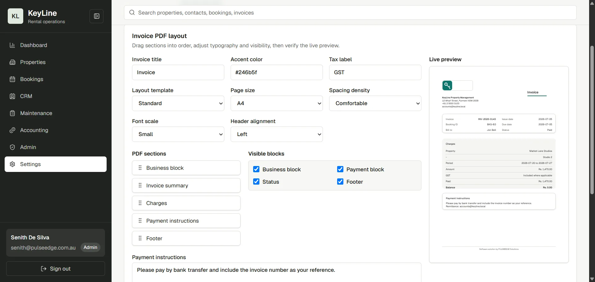 KeyLine invoice customiser with drag and drop PDF sections, visibility controls, and live invoice preview