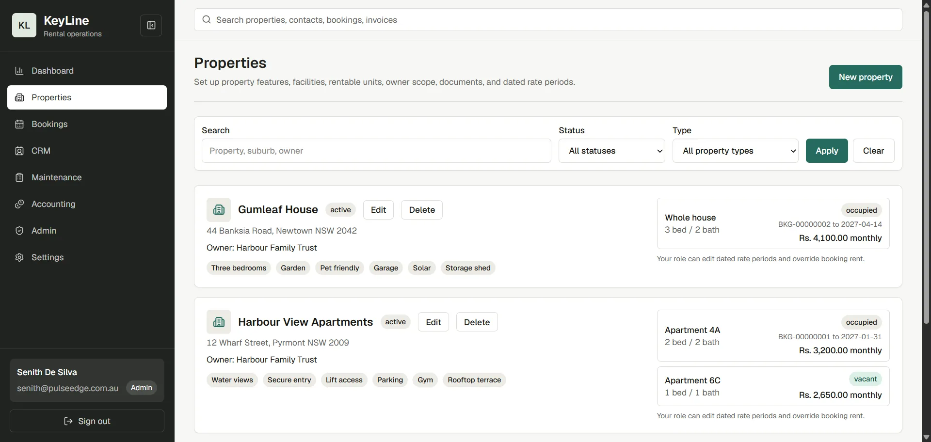 KeyLine rental property management screen showing properties, units, owners, features, and booking status