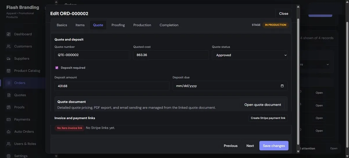 OrderPilot order detail view showing quote, deposit, and payment integration status